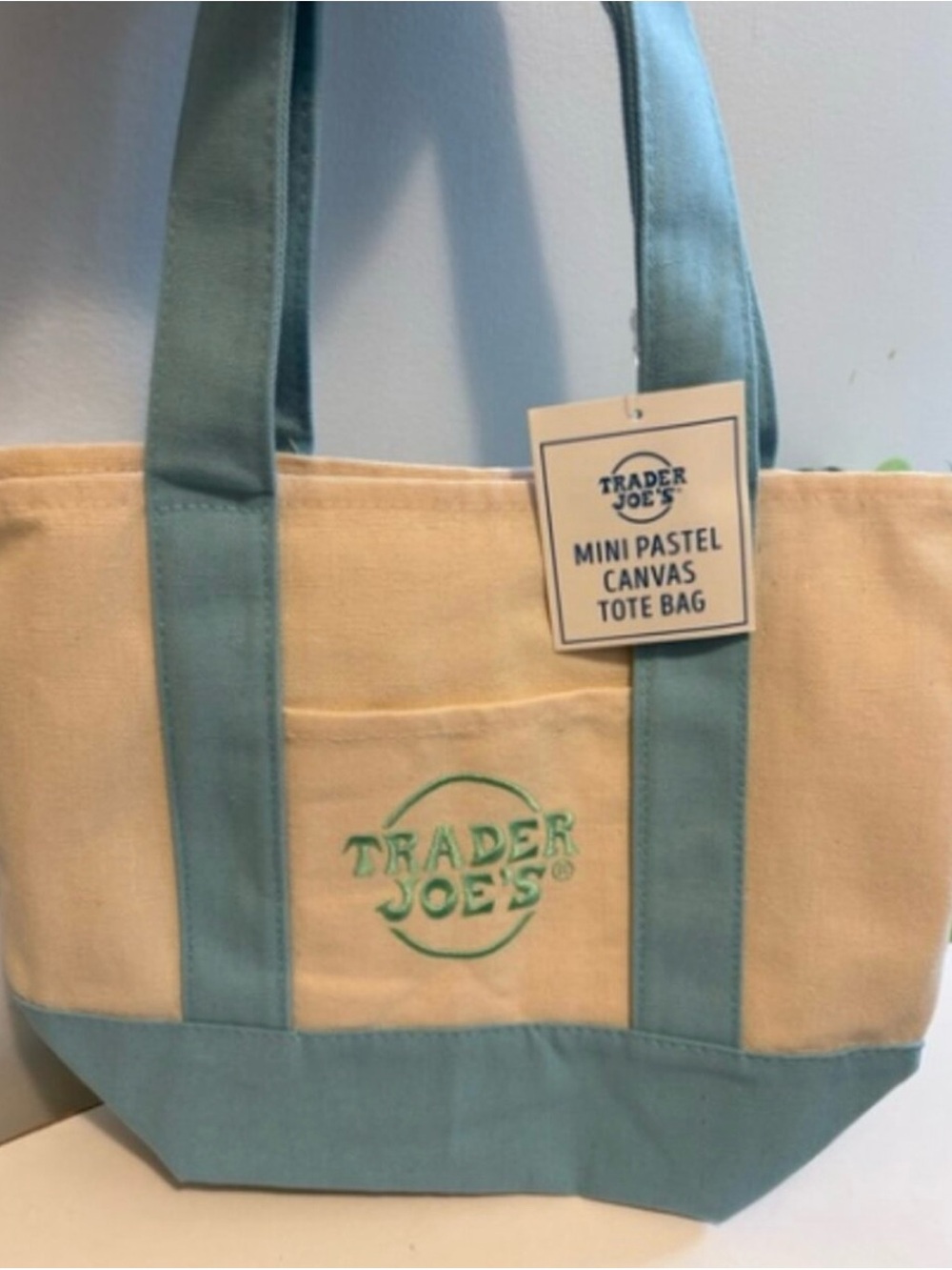 Trader Joe's Cream and Light Teal Canvas Tote Bag